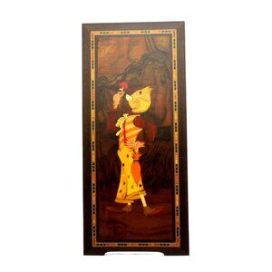 Italian MARQUETRY Wood Wall Hanging with Harlequin Clown Inlay Italy Vintage 14"